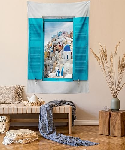 ABAKUHAUS Griechenland Wandteppich, Fenster alte Fensterläden, Wohnzimmer Schlafzimmer Heim Seidiges Satin Wandteppich, 100 x 150 cm, Aqua