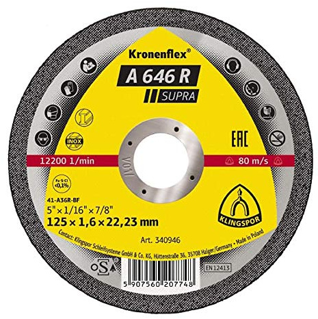 Klingpsor 340944 Kronenflex A 646 R Supra Trennscheiben, Gerade, 180mm x 1.6mm x 22.23mm, 25 Stück