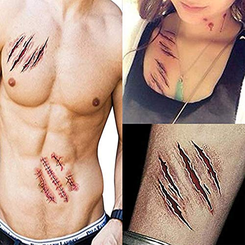 YULOONG Horror Realistische Gefälschte Blutige Wunde Stich Narbe Schorf Wasserdicht Temporäre Tätowierung Aufkleber Halloween Maskerade Streich Make-Up Requisiten 10 PCS