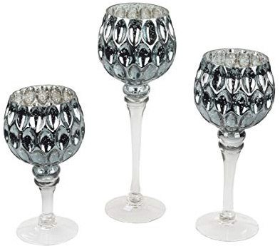 3er Set Glaskelch blaugrau-Silber 20-30cm Glaswindlicht Teelichthalter Windlicht