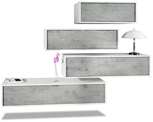 Vladon Wohnwand Lana V3 Anbauwand aus 4 Hängeelementen mit 10 Fächern, Made in Germany, Korpus in Weiß matt, Fronten in Beton Oxid Optik | Große Farbauswahl