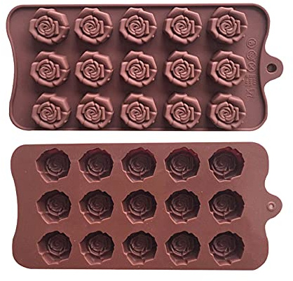 Zngou 2PCS Silicone Rose Mould, Flower Chocolate Molds - 15 Cavity Silicone Sweet Moulds for Valentines, Gummy, Ice, Jelly, Wax Melt, Resin Casting, Candles, Soap