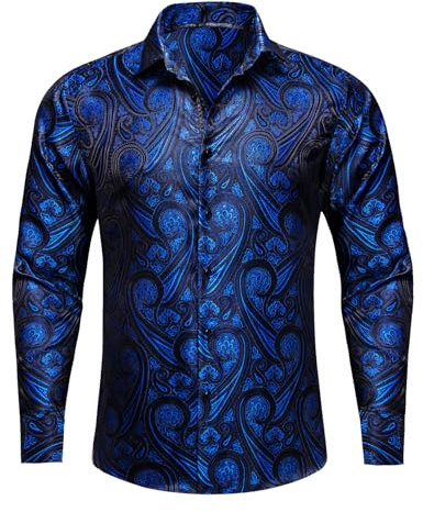 Barry.Wang Men Dress Shirts Paisley Silk Long Sleeve Button Big and Tall Down Shirt Fashion Leisure Wedding Party Prom Blue S-3XL