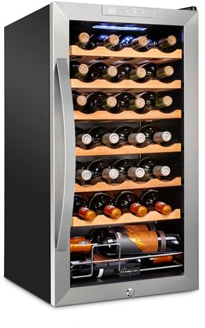 SCHMÉCKÉ 28 Bottle Compressor Wine Cooler Refrigerator w/Lock - Large Freestanding Wine Cellar For Red, White, Champagne or Sparkling Wine - 41f-64f Digital Temperature Control Fridge Stainless Steel