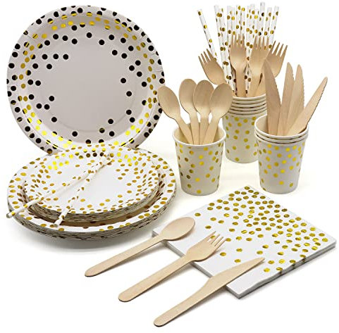 Vajilla para fiesta de cumpleaños infantil, Juego de 160 platos de papel desechables, vasos de papel, servilletas, pajitas y cubiertos - Oro blanco
