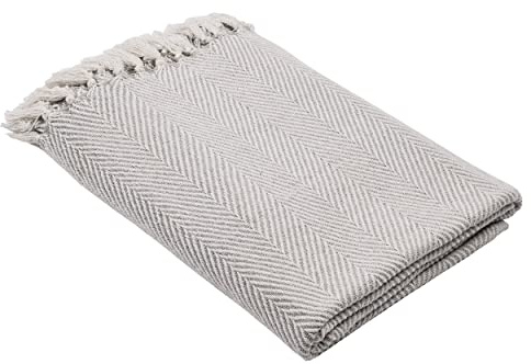 EGLO LIVING Decke Longlac, Kuscheldecke im Nature Design | Wolldecke für Couch mit Fischgrätmuster, Sofadecke gewebt aus Baumwolle in Creme und Beige, 130x170 cm