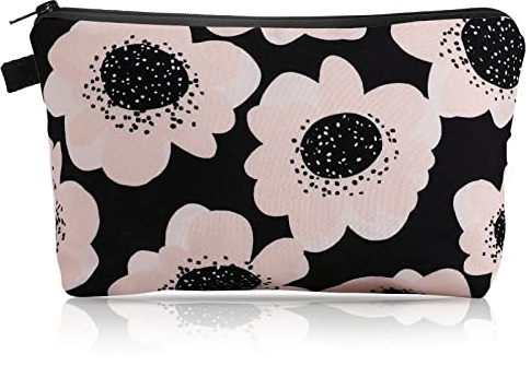 Sibba Petite Trousse de Maquillage Organiseur Toilette en Nylon Noir Mini Tournesol Pochette Sac à Main Crayons Crayons Accessoires Rentrée Scolaire pour Adolescentes Femmes Voyage Floral Décontracté