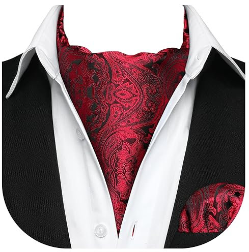 HISDERN Herren Krawattenschal Rot Hochzeit Elegant Halstuch und Einstecktuch Set Paisley Seide Ascot Krawatte mit Taschentuch für Männer
