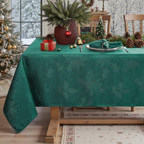 Jacquard Christmas Tablecloth Rectangle 132 x 182 CM, Spill Proof Oil Proof Wrinkle Free Holly Leaves Damask Xmas Table Cloth, Polyester Table Cover for Dining, Party, Holiday, Indoor, Outdoor, Green