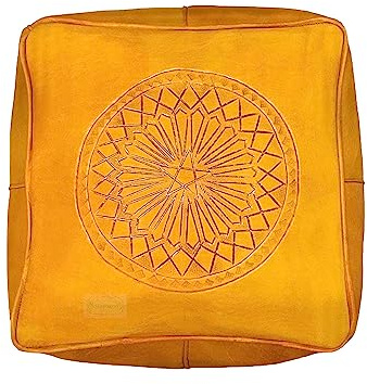 Marokkanischer Lederpouf, Cube Ottoman Poufe, Lederhocker, Quadratischer Fußhocker, 100% Leder, marokkanischer Pouf - Ungefüllt (Senfgelb)