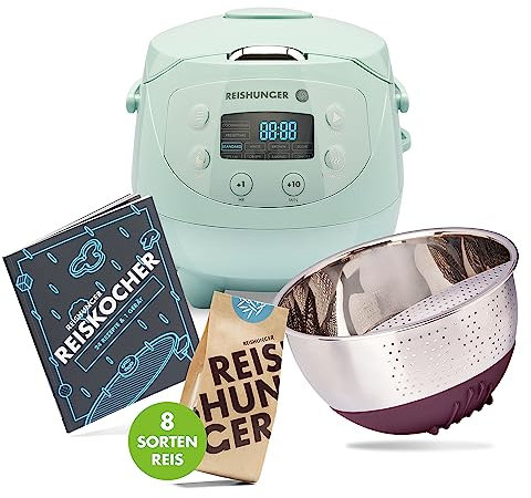 REISHUNGER Digitaler Reiskocher klein, mint | 0,6 L bis 3 Personen | 11-teiliges Starterset inkl. Reiswaschschüssel, Kochbuch & 8 Sorten Reis