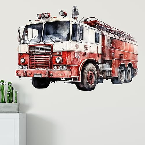 GRAZDesign Wandtattoo Feuerwehr Kinderzimmer, Wand Aufkleber Tattoo Kinder Auto, Feuerwehrauto Wandaufkleber für Jungenzimmer & Teenager 57x40cm