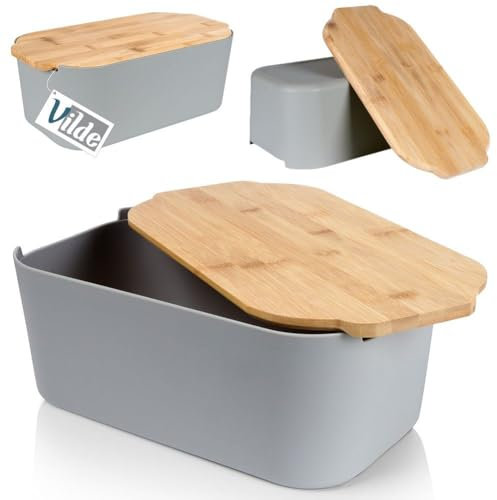 Vilde Brotkasten mit Holzbrett Grau - Brotkorb - Brotbox - Brotbehälter - brottopf zum aufbewahren - Bread Box - Brot Aufbewahrungsbox - 33x18,5x12 cm