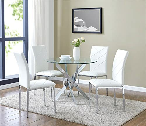 Juego de mesa de comedor redonda de cristal – Juego de 5 sillas de mesa de cocina, incluye 4 sillas blancas de piel sintética – perfecto para sala de estar o cocina
