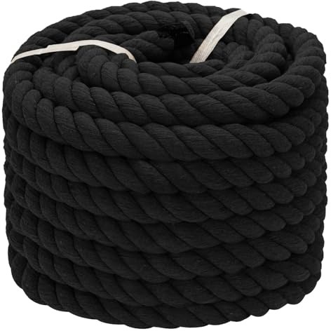 Black Cotton Rope (1 in x 50 ft) Natural Twisted Cotton Rope for Crafts, Hanging Swing, Railings, Hammock, Home Decorating,Tug of War