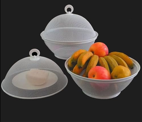 cesto frutta da tavolo , cesta con coperchio ,Copertura per alimenti da cucina, anti-zanzare e anti-mosche, rotonda, resistente, per alimenti, frutta e verdura, pane （bianco 2 set）