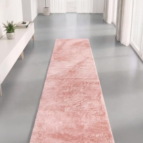 Interiyou Fargo - Teppich Wohnzimmer 80x250 cm Rosa - Kurzflor Waschbar und rutschfest - Flauschiger Fellteppich aus Kunstfell - weicher Langflor Fell