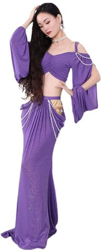 CRETUAO Bauchtanz-Kostüm für Damen, hohles Bauchtanzkleid mit Strasssteinen und Langen Ärmeln, Halloween-Karneval-Bauchtanz-Outfits,Lila,M