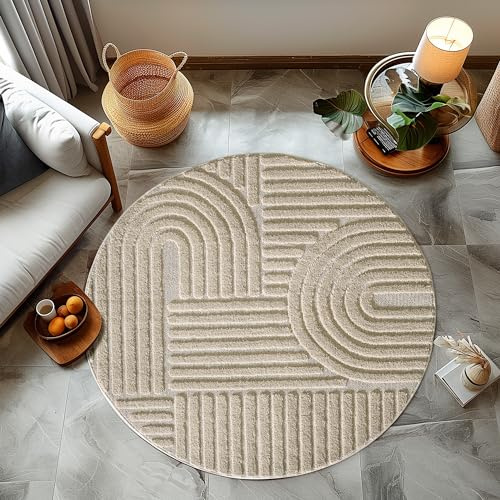 HomebyHome Teppich Rund 80 cm Beige, Hochflor Wohnzimmer Teppich, Weich & Flauschig, Skandinavisch Boho Stil, Langflor Shaggy, Pflegeleicht, Jute Rückseite