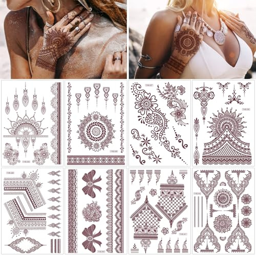 8 Sheets Brown Tattoos Sticker For Women Girls, Waterproof Fake Tattoos Temporary Tattoo Kits, Lotus Mandala Flower Neck Chest Arm