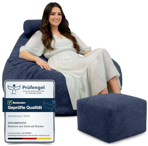 DreamRoots Sitzsack Erwachsene Cord 90x90x100 cm, Blueberry Pie | Bean Bag Sofa, 90x90x100 cm, mit Hocker & Bezug, mit Füllung, waschbar, Teenager & Erwachsene