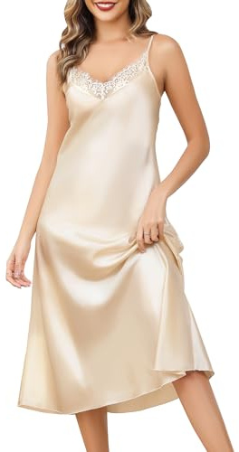 Lovasy Camicia da Notte in Raso Donna Sexy Sottoveste Pizzo Spalline Regolabili Vestaglia Seta con Scollo a V, Z-Champagne, XL