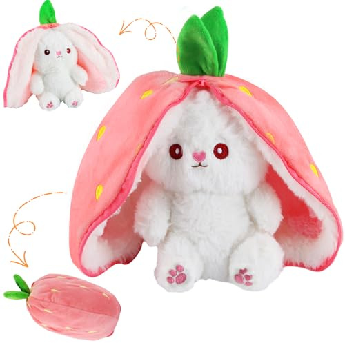 ZoneYan Lapin Muppet en Peluche Fraise 25 cm - Cache-Cache de Pâques Oreiller Mignon Rose
