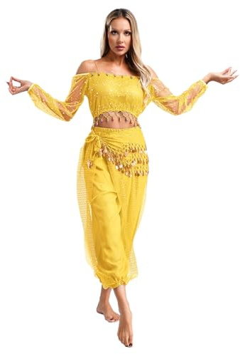 TiaoBug Déguisement Indienne Princesse Femme Costume Danse du Ventre Classique Tenue Danse Orientale Belly Dance Haut Danse et Pantalon Costume Carnaval Halloween S-XL Jaune M