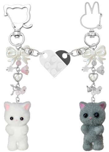 Lilbitty Niedlicher Katze Schlüsselanhänger Mit Herz Ziegel Für Frauen, Langlebiger Partner Schlüsselanhänger Als Geschenk Für Paare Und Freunde,Weiße und Schwarze Farbe