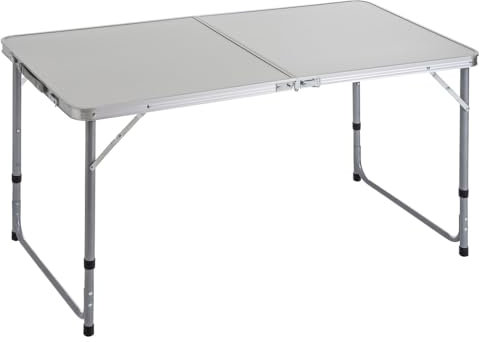 Mesa plegable camping y playa 120x60x70 cm, atura regulable 50-60-70 cm, mesa picnic portátil con asa transporte, patas plegables acero, tablero MDF aspecto madera nogal, gris, antivuelco y compacta.