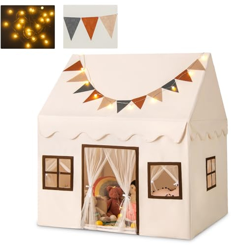 HOMASIS Spielzelt Kinder Indoor, Spielhaus mit Sternlichter & Matte & Wimpel & 3 Fenster, Kinderzelt Baumwolle, Prinzessin Zelt Bettzelt für Kinder ab 3 Jahren, Kinderspielhaus für Kinderzimmer, Beige