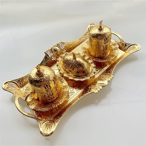 QYLTTDM Turkish Coffee Cup Set, Includes Cups Saucers Sugar Bowl Tray and Coffee Pot, Tea and Coffee Set, Turkish Gold Coffee Set Gift, Palace Golden Retro European Metal Coffee Cup Set