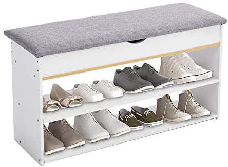 Warmiehomy Shoe Storage Bench with Cushion, 2 Tier Shoe Rack with Padded Seat, 3 Compartments Hidden Shoe Organizer Cabinet for Hallway Entryway Bathroom Bedroom Living Room, White
