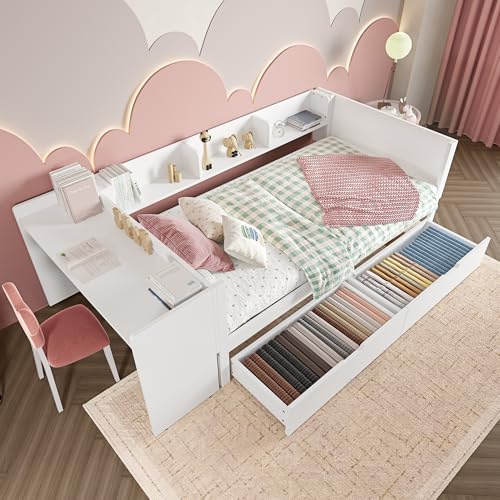 RIAZOS Kinderbett 90x200 mit Regale und Schreibtisch, Einzelbett mit 2 Schubladen, Tagesbett mit Lattenrost, Massivholz Kiefer Holzbett, Multifunktionsbett, ohne Matratze, Weiß