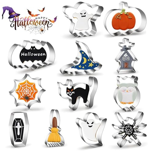 12 Stück Plätzchen Ausstecher, Halloween Ausstechformen Edelstahl Ausstechform Set, Cookie Cutter für Kürbis Deko, Hexen Zubehör, Fledermaus Deko, Halloween Süßigkeiten, DIY Backen mit Kindern