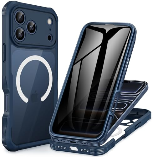 CENHUFO Magnética Antiespia Funda iPhone 17 Pro MAX [Compatible con MagSafe] Integrado 9H Cristal Templado Protector Pantalla y Protector Cámara, 360 Grados Antigolpes Carcasa Capa Doble Case -Azul