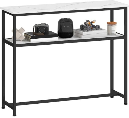 HOMCOM Moderne schmale Eingangskonsole 100 cm Weiß | Marmoreffekt-Oberfläche, offenes Regal, Metallrahmen, Sofatisch, für Eingang Wohnzimmer