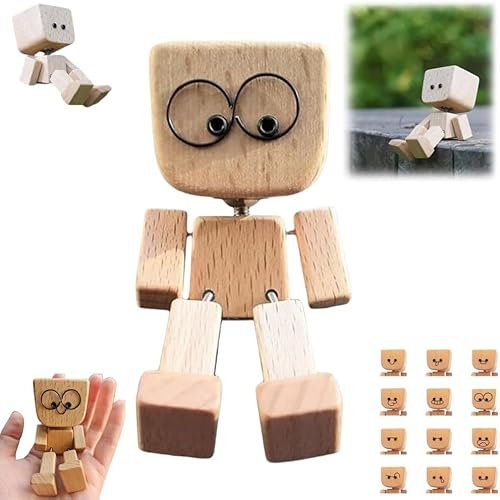 Generisch Schüttelnde Holzmann Figur, Charmante kleine Holzfigur mit 12 magnetischen Ausdrücke schwankt, Handgefertigte Actionfigur als Auto-Ornament, Lustige Wackelkopf-Auto-Armaturenbrett-Dekors