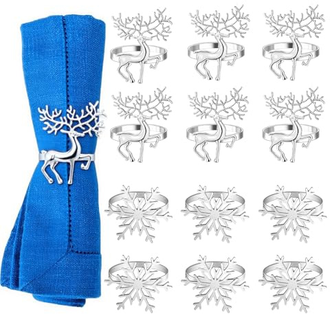 12 Stück Serviettenringhalter für Tischdeko Weihnachten - 6X Schneeflocke Rentier & 6X Schneeflocke Motiv - Aus Legierung für Hochzeit, Thanksgiving, Party-Abendessen (Silber)