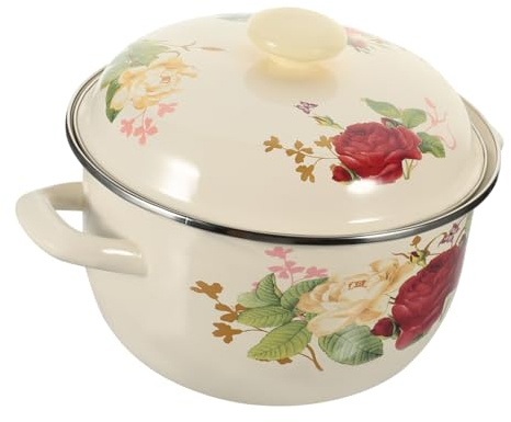 AUTSUPPL Enamelware Cooking Pot with Lid Vintage Double Handle Stew Pot for Stove Top Thickened Milk Pan for Soup Noodles Hot Milk and Random Pattern