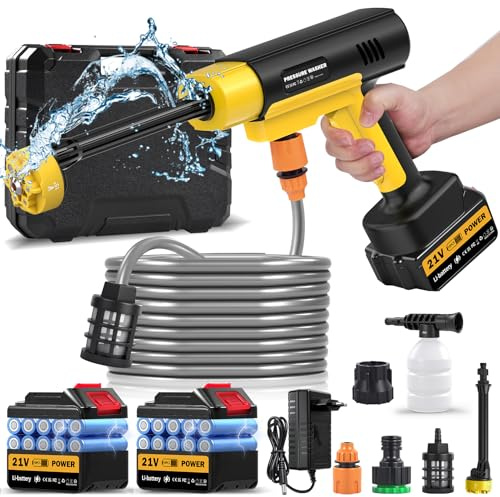 Pulitore ad alta pressione a batteria, 21 V, con 2 batterie e ugello 6 in 1 e tubo da 5 m, 130 bar/1700 PSI, idropulitrice portatile senza fili per auto, prato, giardino, terrazza