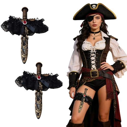 Liguero Negro, ADDLIVE 2 Piezas Liga de Espada Pirata, Accesorios Pirata Mujer, Encaje Negro Lazo Pierna Anillo para Carnaval, Cosplay, Fiesta, Regalos para Amigos