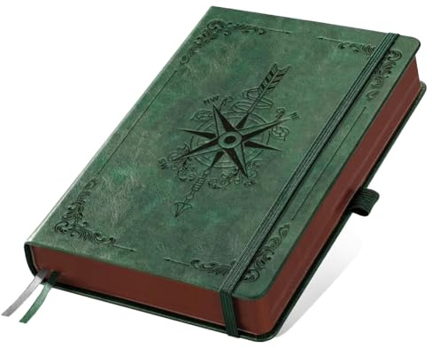 DOODLREAM A5 Vintage Leder-Tagebuch, 300 Seiten linierten Notizbuch, grün mit Kompass- und Rankenmustern Hartcover-Notizbuch für Reise-Tagebuch, Geschäft, Arbeit und tägliches Schreiben in der Schule
