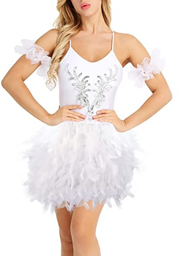 Kostüm Fasching Damen-Papagei Europäische und amerikanische Bühnenkleidung Feder Halbkörperrock Kurzer (White-XL)