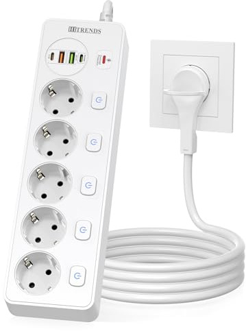 5 Fach Steckdosenleiste, Steckerleiste mit USB(2A2C, PD 20W), Steckdosenleiste mit Flachstecker, Verteilersteckdose mit Einzeln Schaltbar, Steckerleiste Überspannungsschutz, 2M (Weiß)