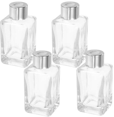 JECOMPRIS Juego 4 Botellas de Vidrio con Tapas Plateadas 50 Ml, Frascos Difusores de Perfume y Aceites Esenciales para Hogar y Coche con Cierre Hermético, Envases Reutilizables