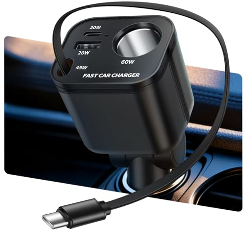 Zigarettenanzünder USB C Verteiler-145W USB A&USB C Auto Ladegerät Adapter | Ladegerät Adapter mit Einziehbare Typ-C Kabel für 12V/24V Auto 30W Schnellladegerät für iPhone 17 ProMax Samsung