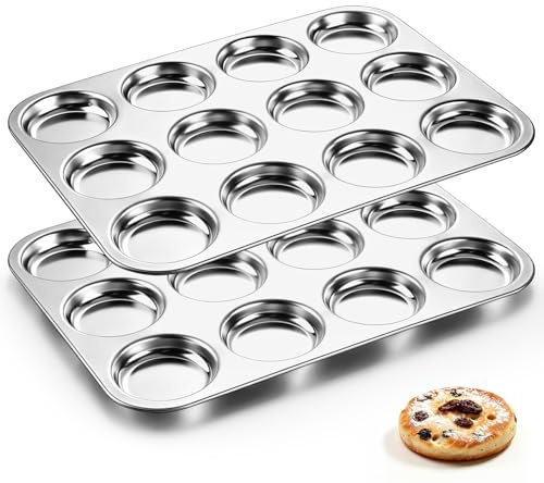 Homikit 12-Cup Yorkshire Pudding Tray, Stainless Steel Muffin Tins, 2 Pack | Muffin Baking Pans for Shallow Mince Pie/Jam Tarts/Buns/Biscuit, Non-Toxic, Non-rust and Heavy-duty, Oven & Dishwasher Safe