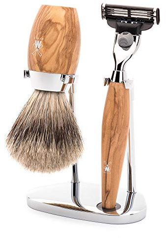 MÜHLE Kosmo Rasierset - Dachshaar-Rasierpinsel, Rasierer kompatibel mit Gillette-Klingen, Halter, schwarze Edelharz-Griffe