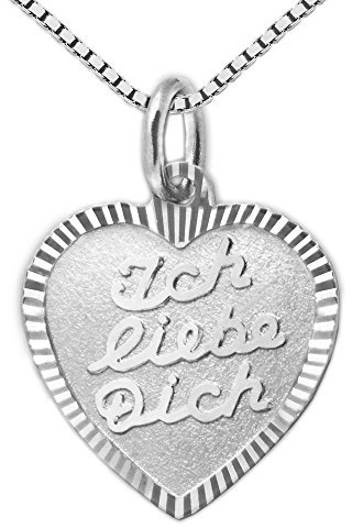 CLEVER SCHMUCK Herz Halskette Ich liebe Dich, Rand glänzend diamantiert 13 mm & Veneziakette 42 cm 925 Sterling Silber im Schmucketui creme